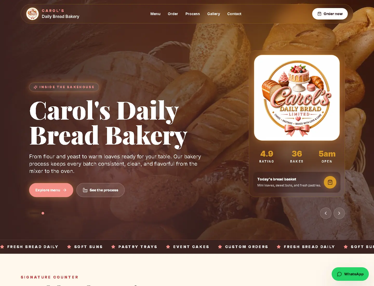 Carol's Daily Bread Bakery Website, desktop homepage