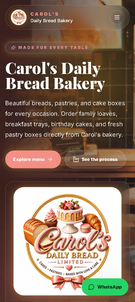 Carol's Daily Bread Bakery Website, mobile homepage