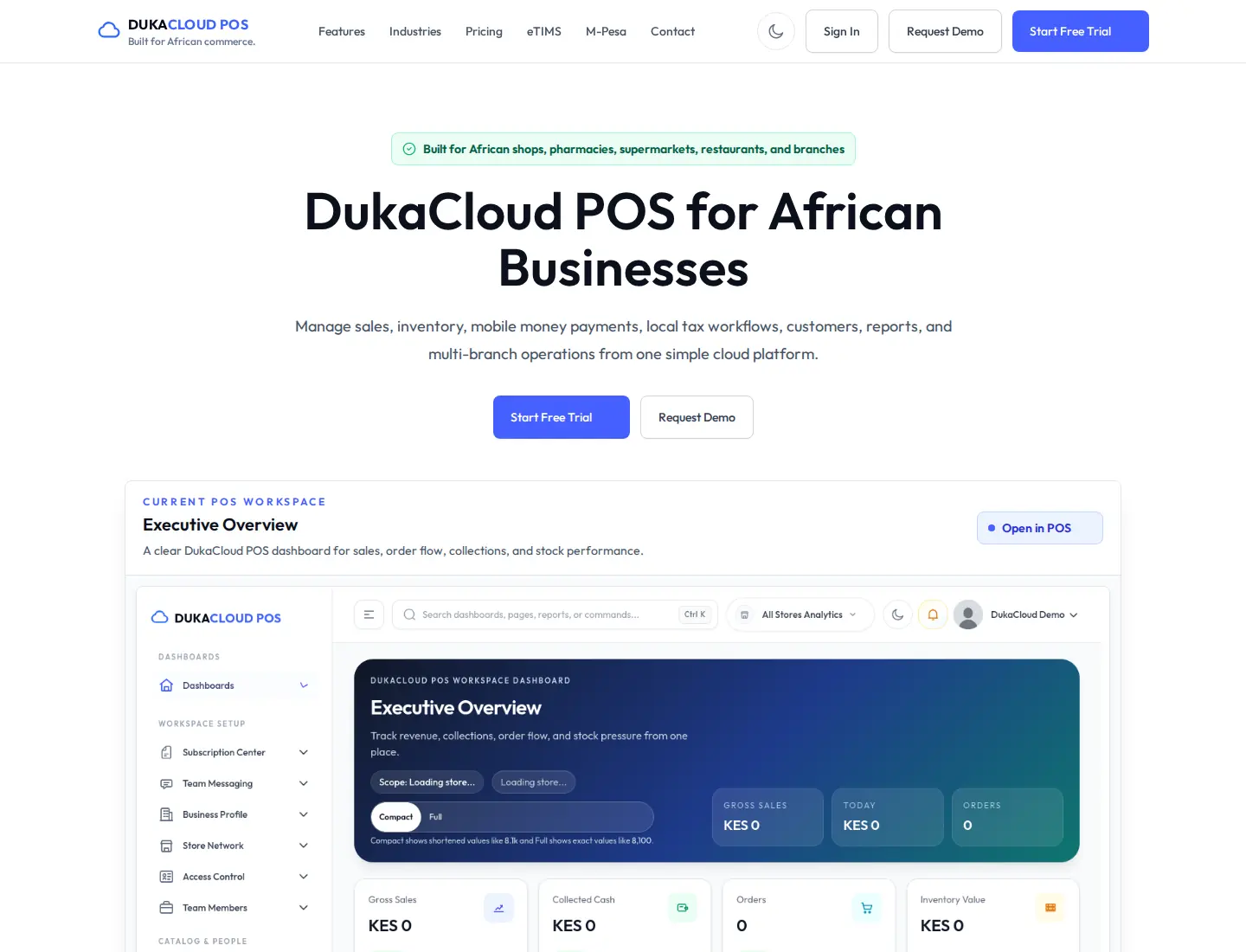 DukaCloud POS Platform, desktop homepage
