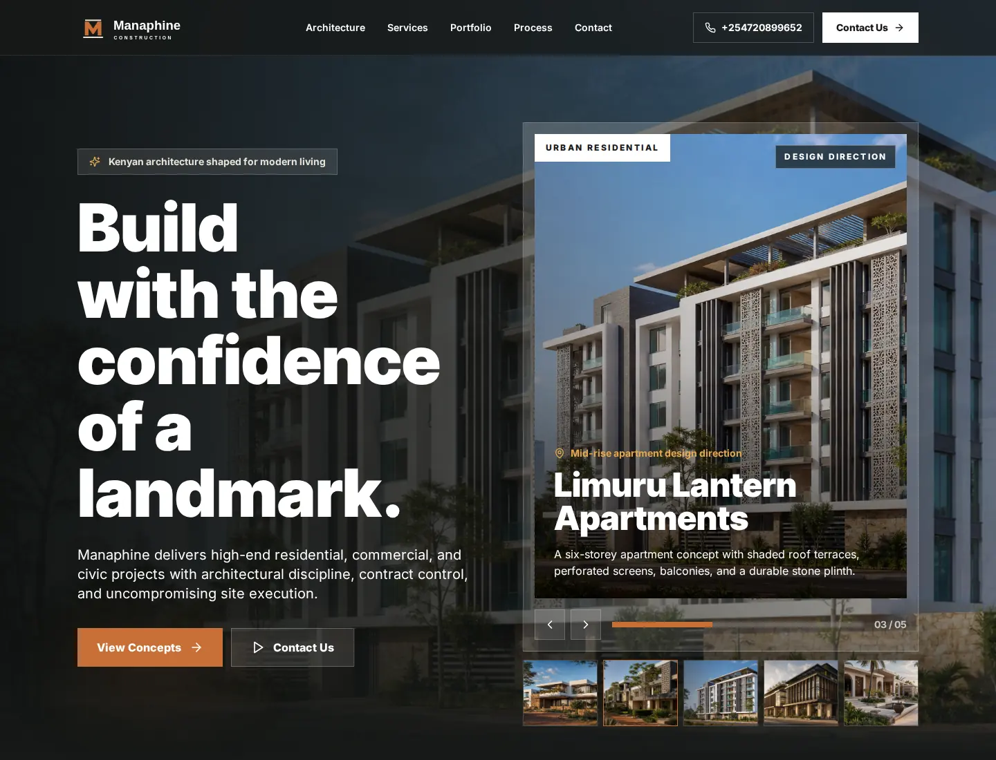 Manaphine Construction Website, desktop homepage