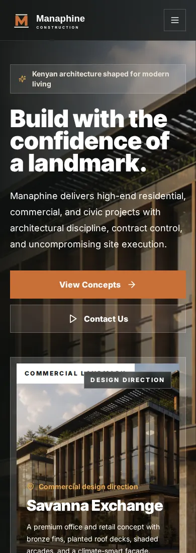 Manaphine Construction Website, mobile homepage