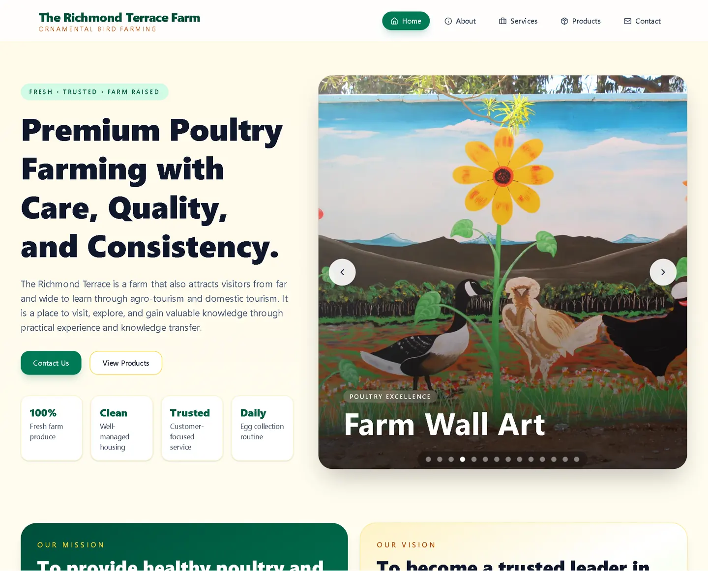Richmond Terrace Farm Website, desktop homepage