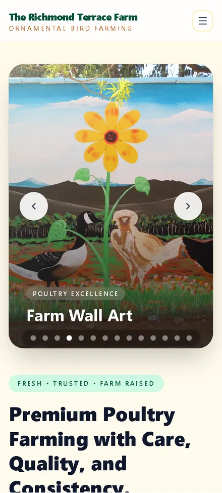 Richmond Terrace Farm Website, mobile homepage